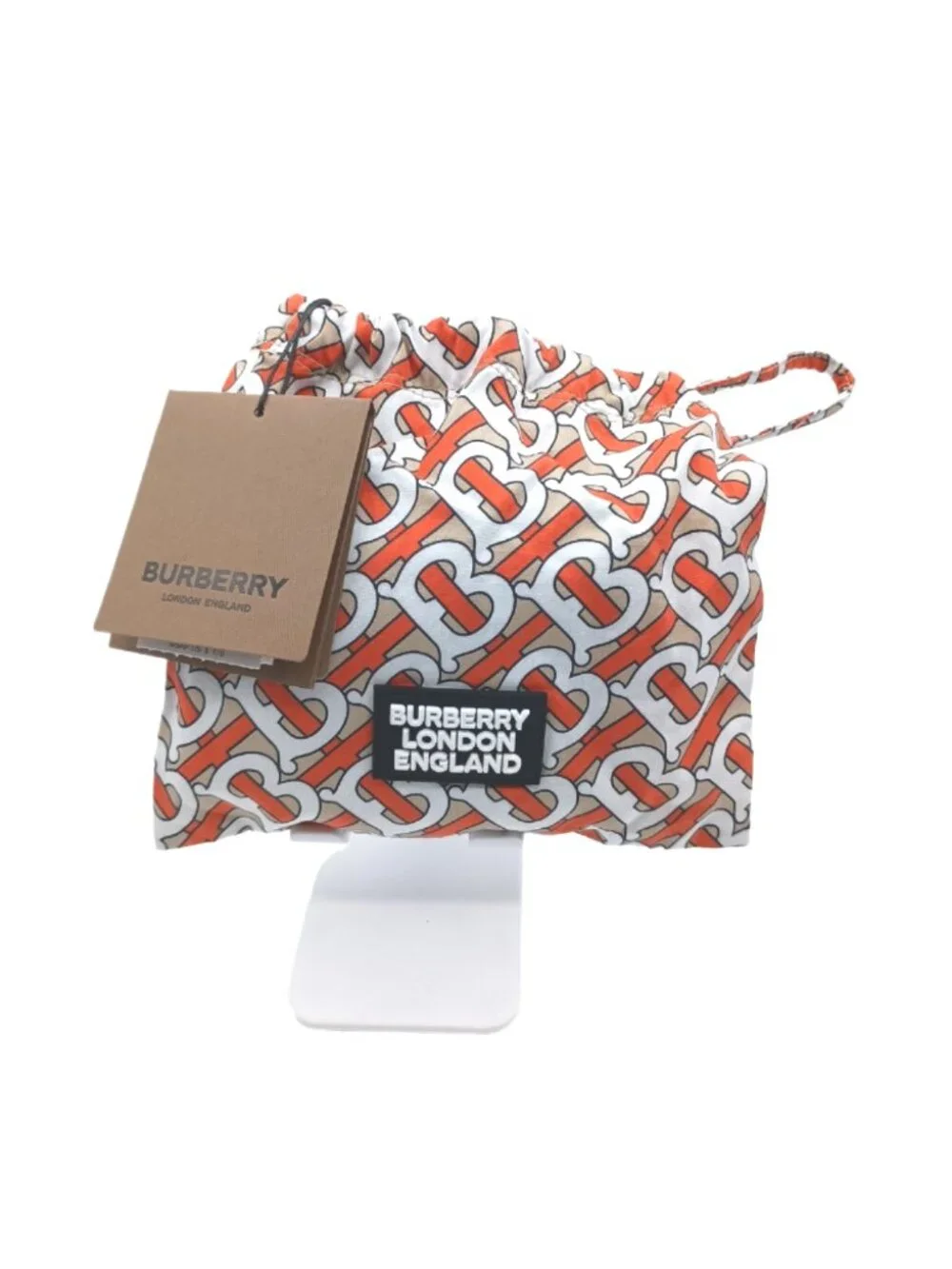 Burberry Red & Tan Monogram Nylon Face Mask With Matching Drawstring Pouch. NWT